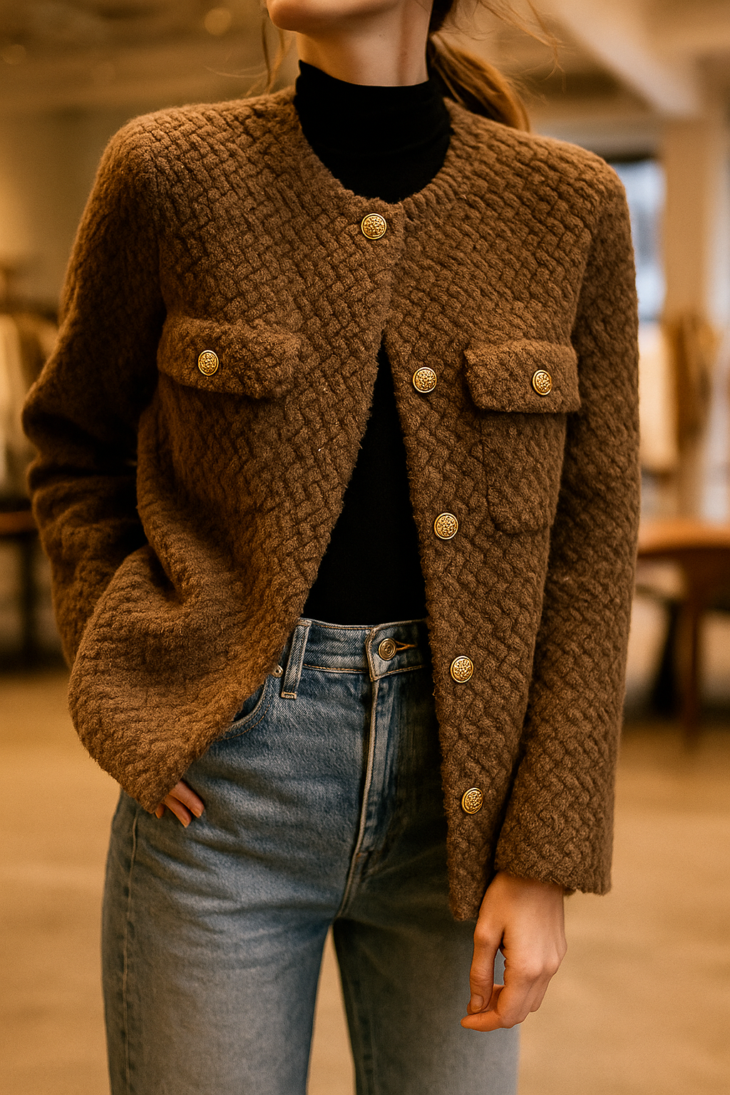 Elspeth | Textured Tweed Gold-Button Jacket