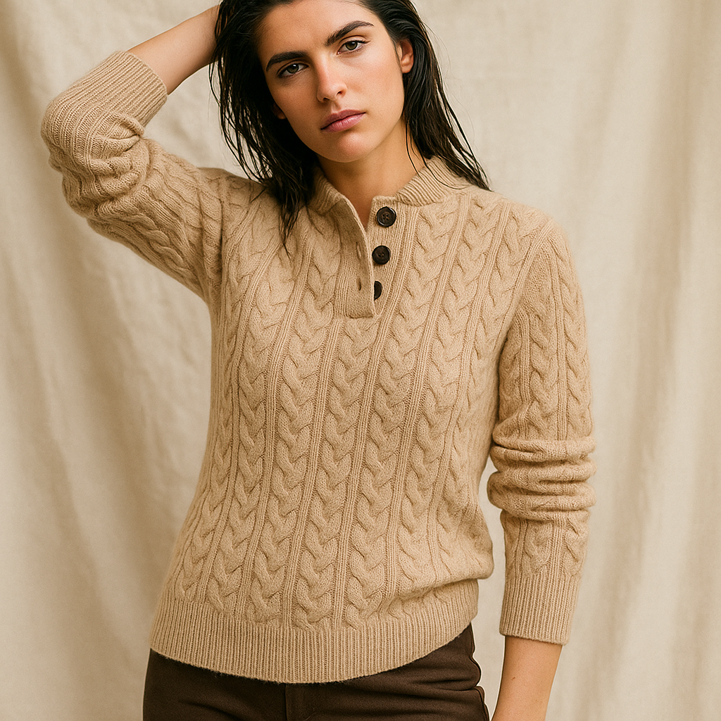 Sylvia | Cable Knit Button Neck Jumper