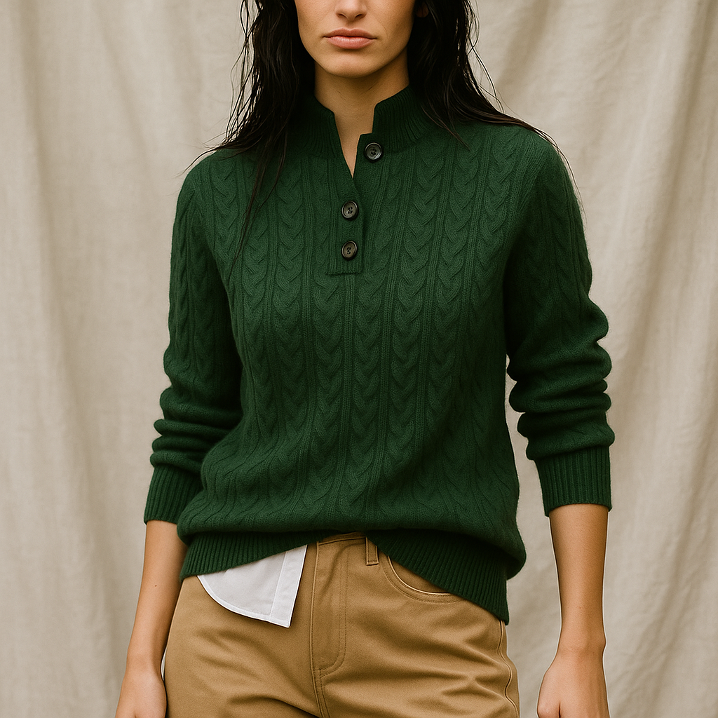Sylvia | Cable Knit Button Neck Jumper