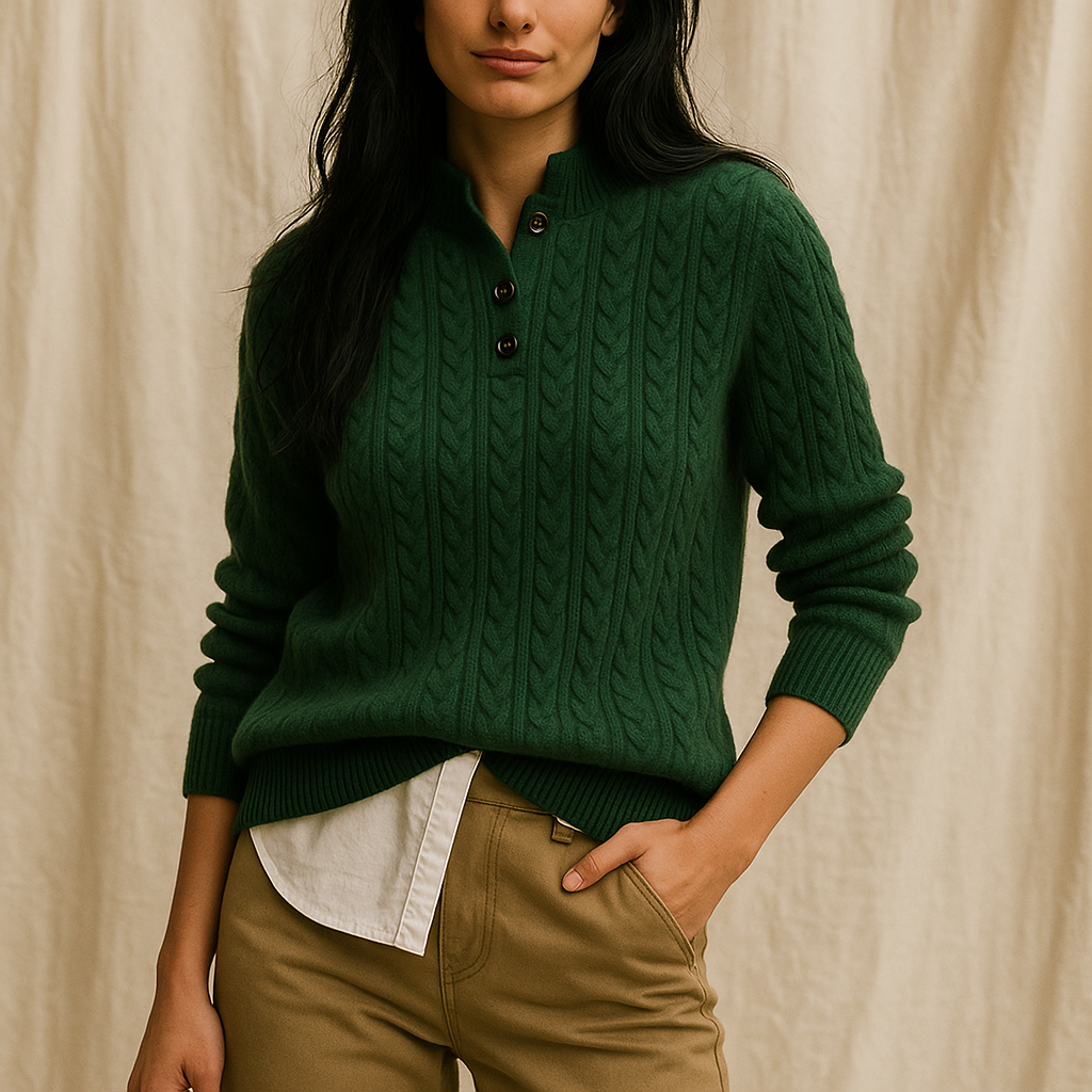 Sylvia | Cable Knit Button Neck Jumper