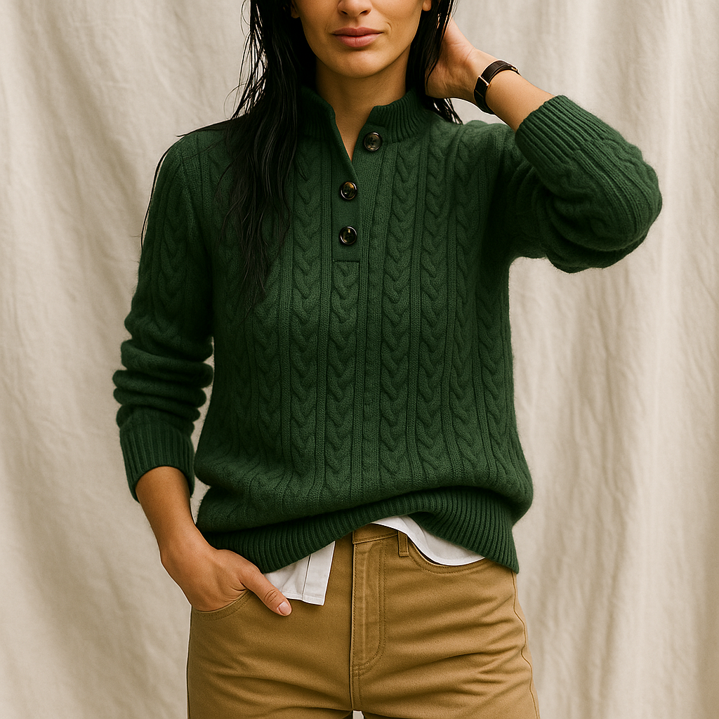 Sylvia | Cable Knit Button Neck Jumper