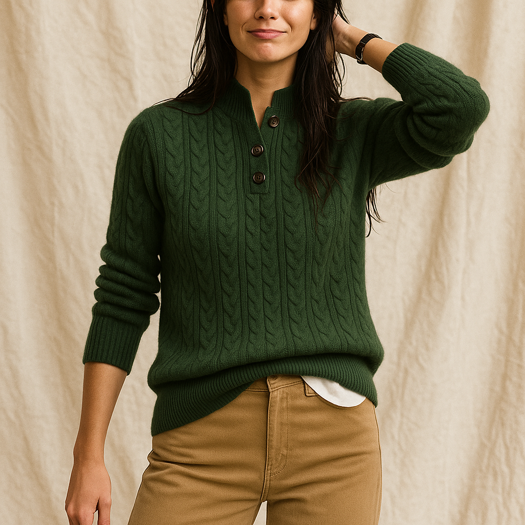 Sylvia | Cable Knit Button Neck Jumper