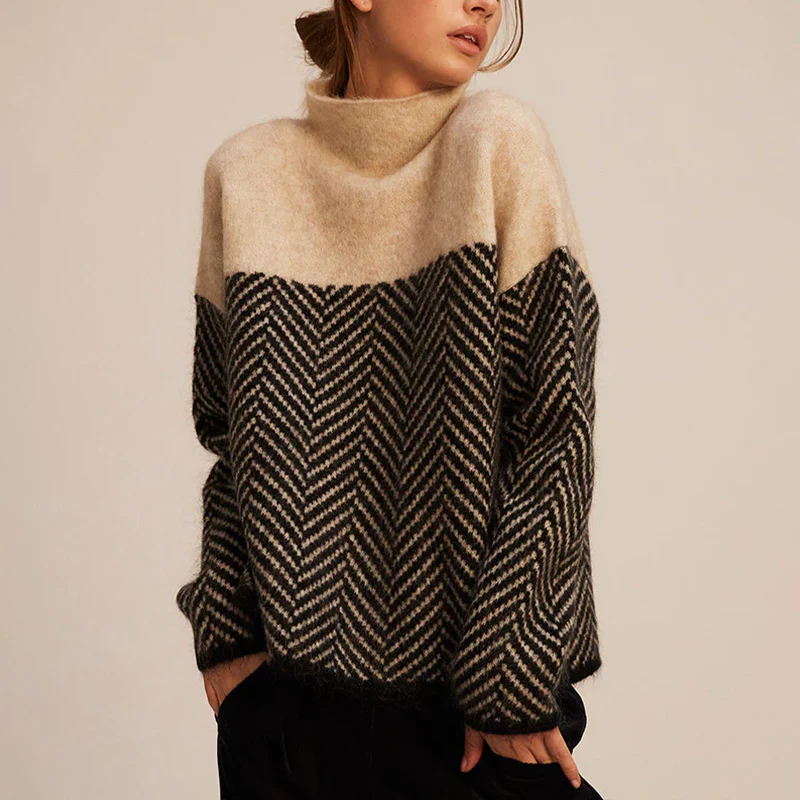 Elsie | Colourblock Herringbone Roll Neck Jumper