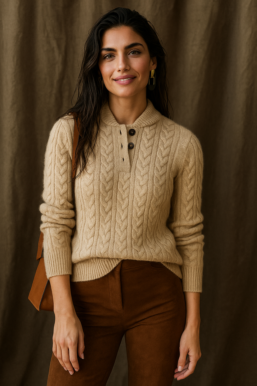 Sylvia | Cable Knit Button Neck Jumper