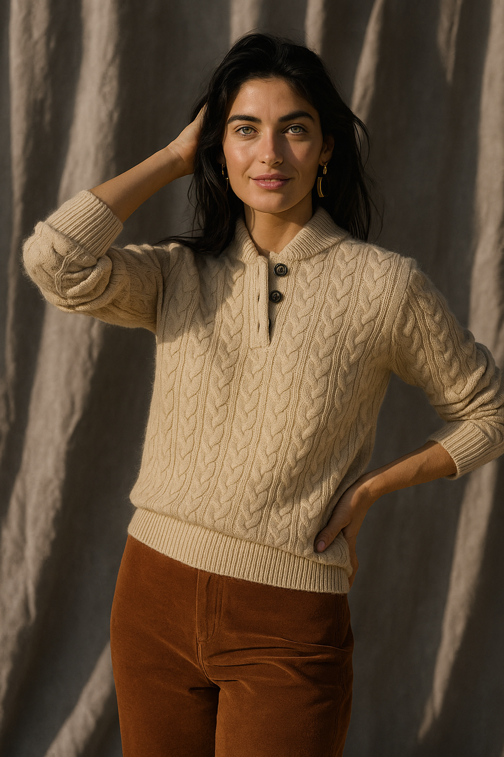 Sylvia | Cable Knit Button Neck Jumper