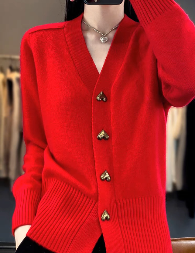 Joyce | Heart Button V-Neck Cardigan
