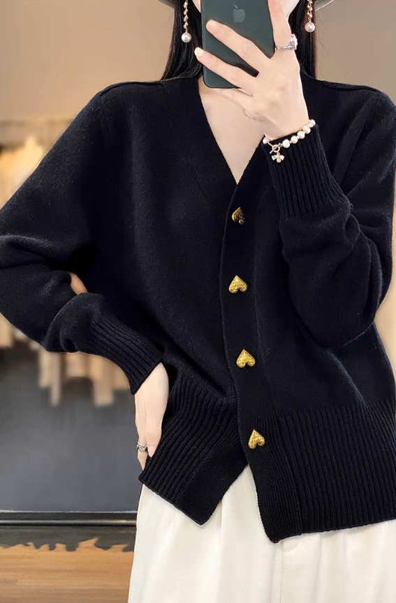 Joyce | Heart Button V-Neck Cardigan