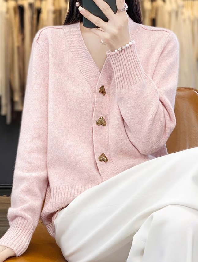 Joyce | Heart Button V-Neck Cardigan