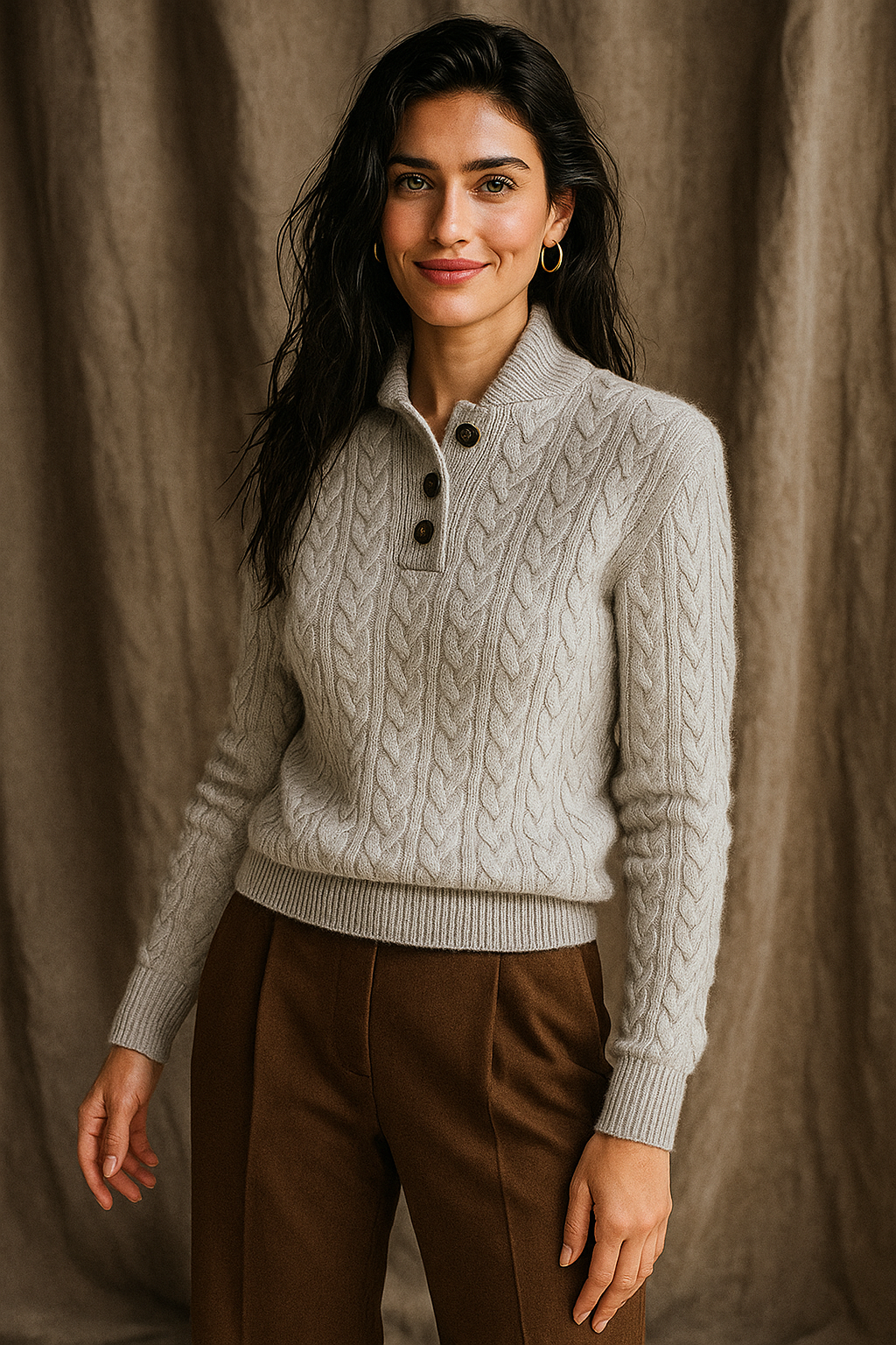 Sylvia | Cable Knit Button Neck Jumper
