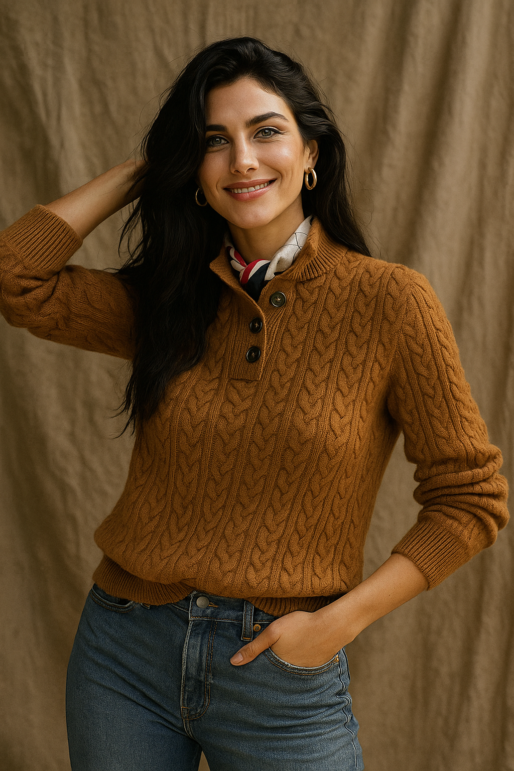 Sylvia | Cable Knit Button Neck Jumper