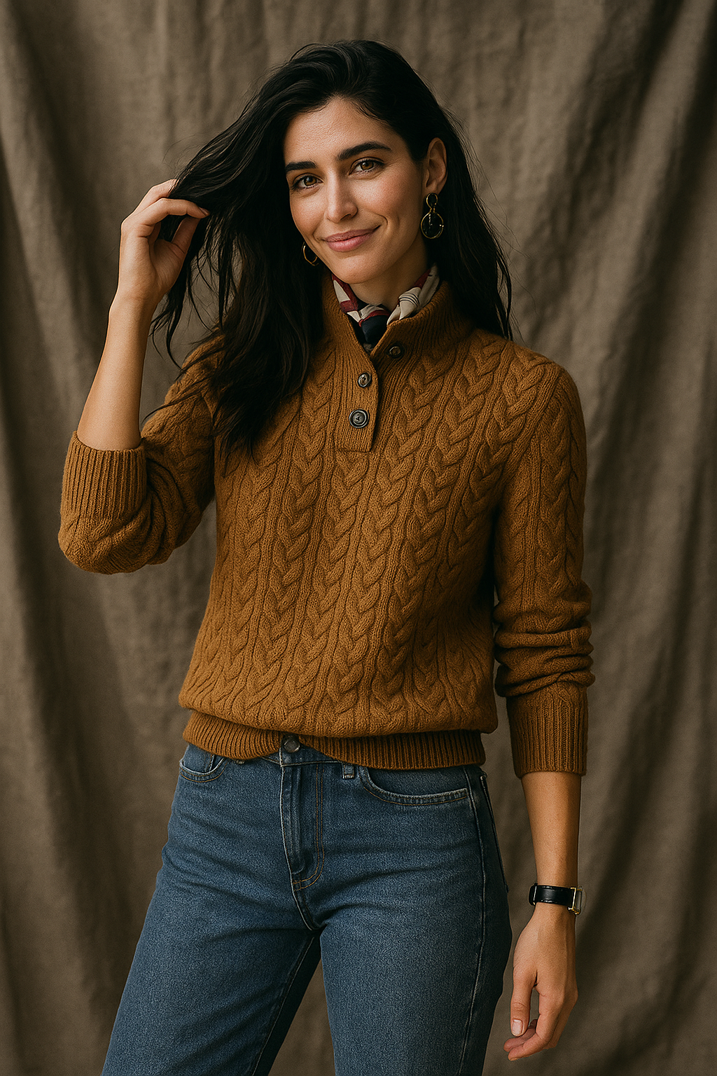 Sylvia | Cable Knit Button Neck Jumper