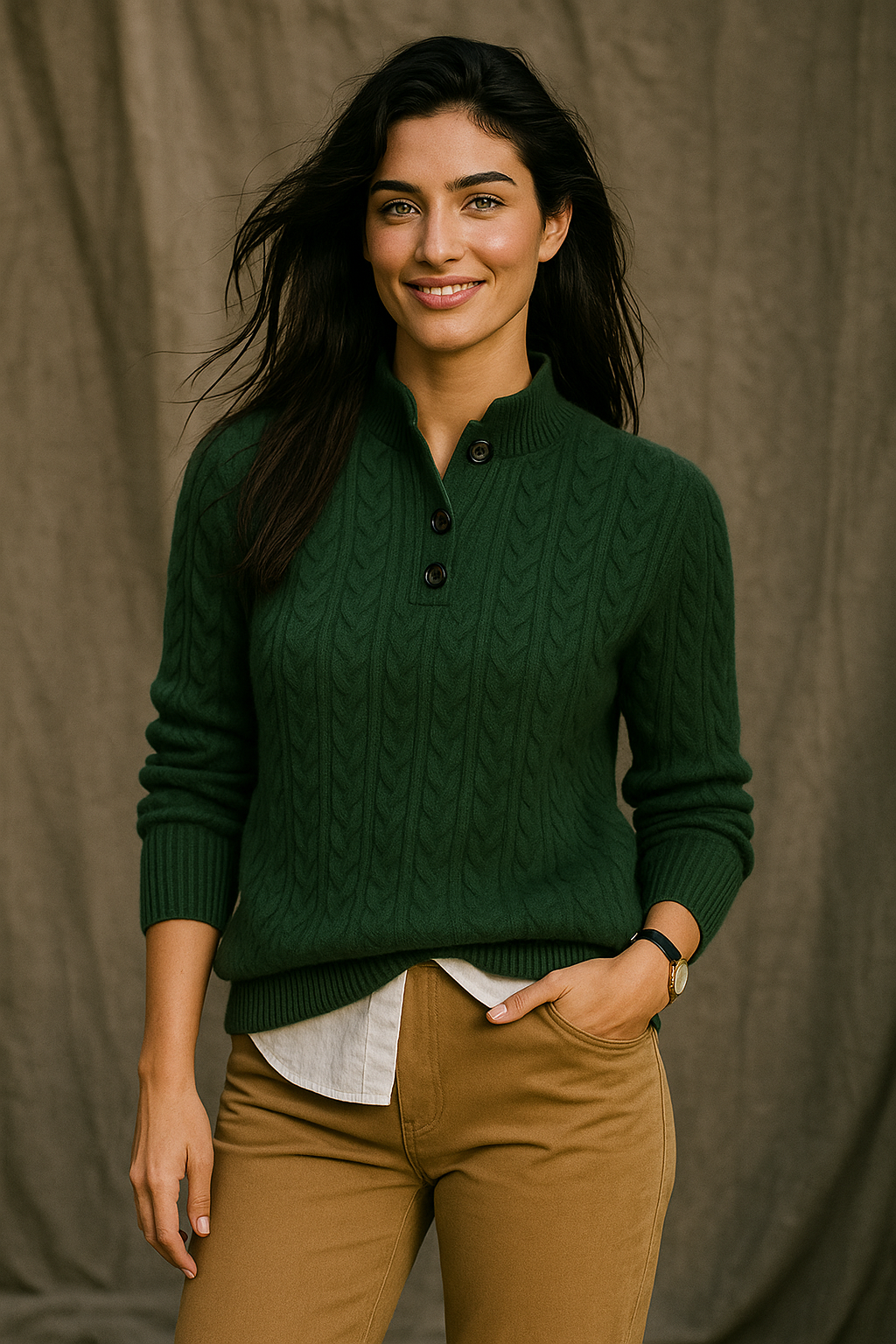 Sylvia | Cable Knit Button Neck Jumper