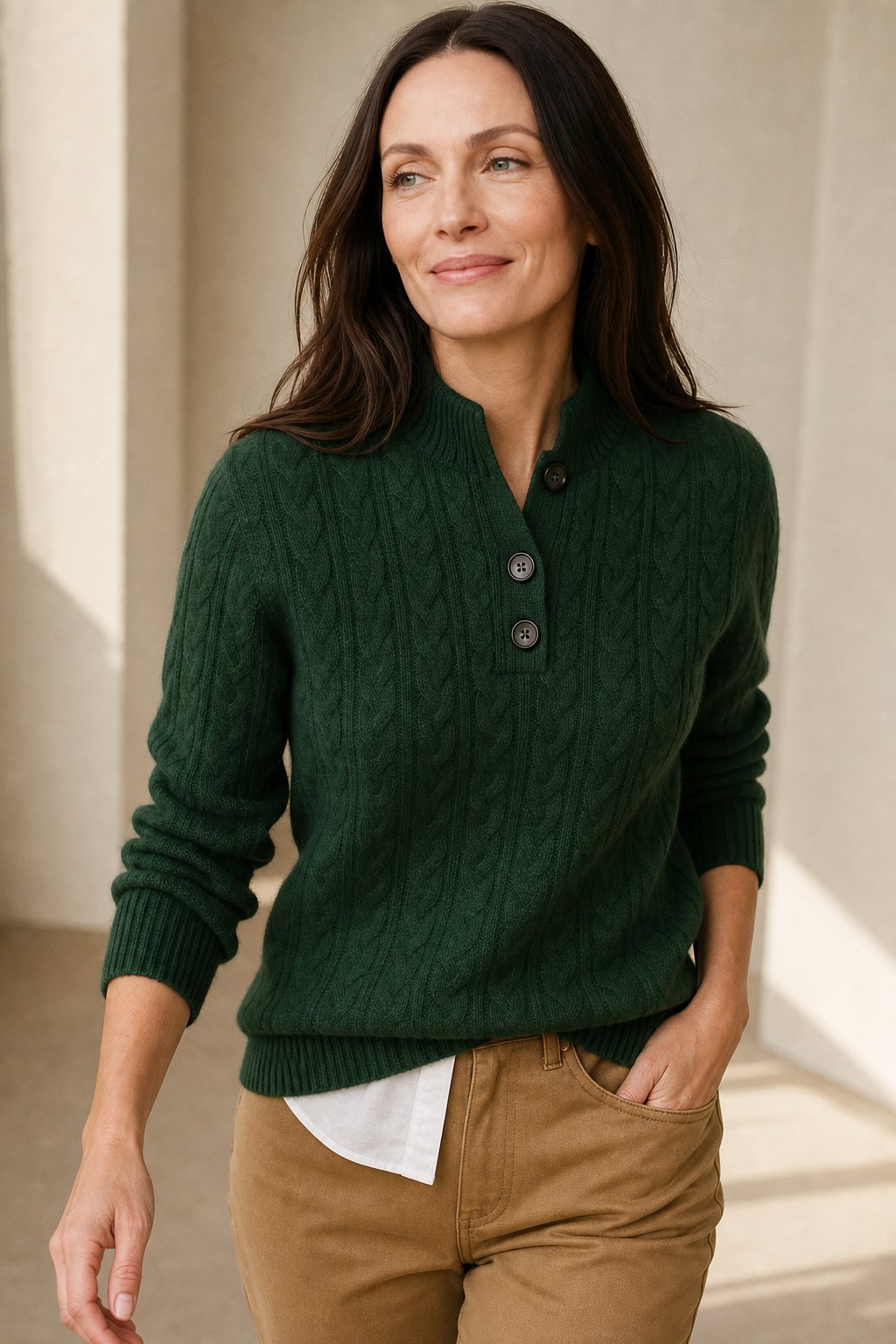 Sylvia | Cable Knit Button Neck Jumper