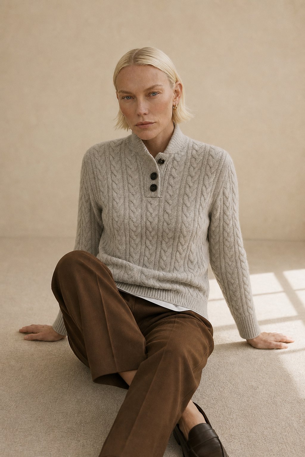 Sylvia | Cable Knit Button Neck Jumper