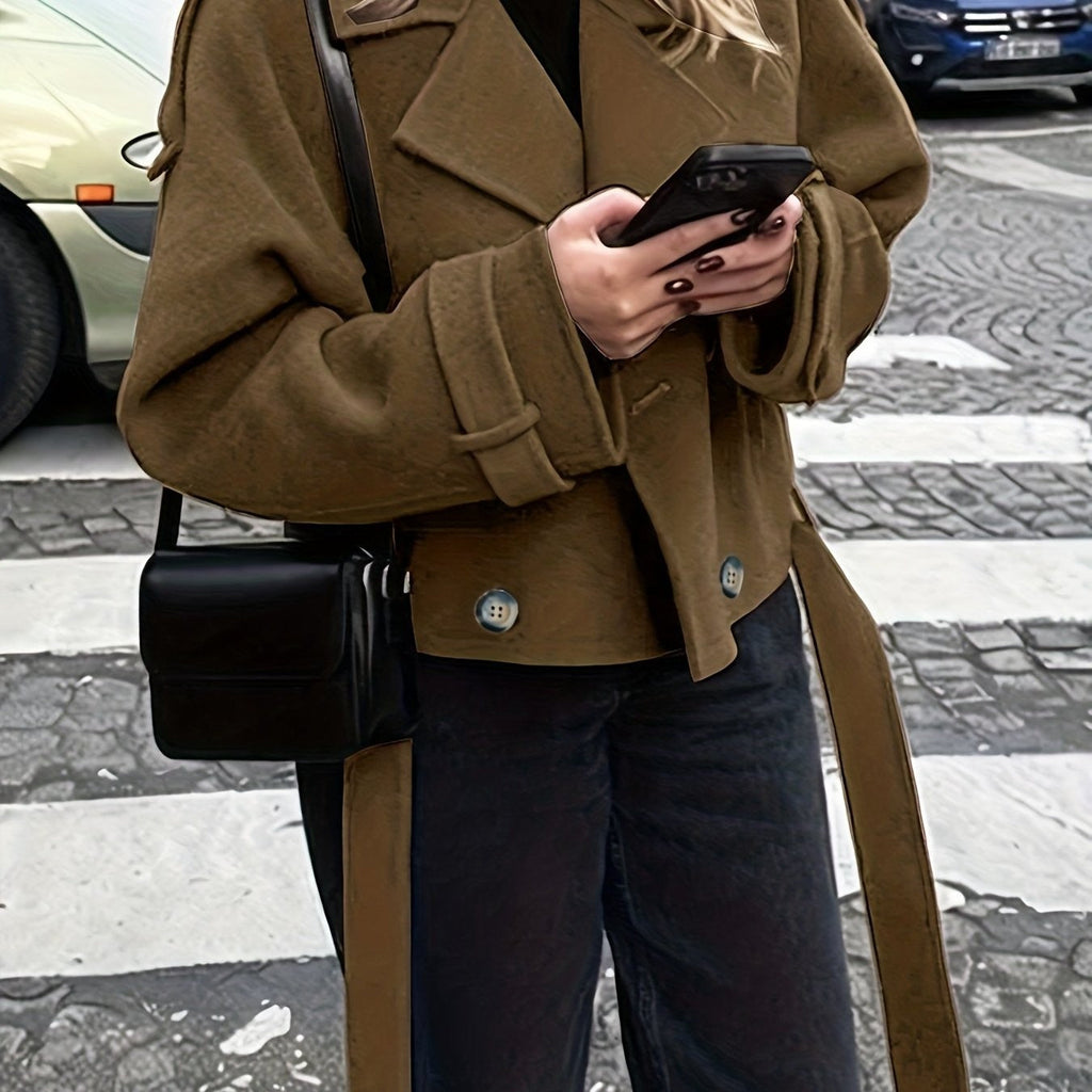Coffee Brown belted cropped pea coat