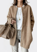 Khaki brushed collarless longline cardigan