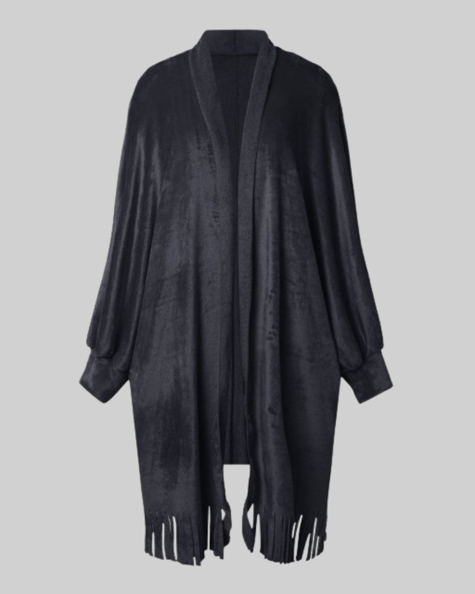 Brushed fringe-hem cardigan coat