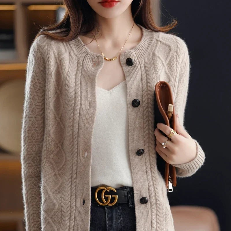 Camel cable-knit button cardigan