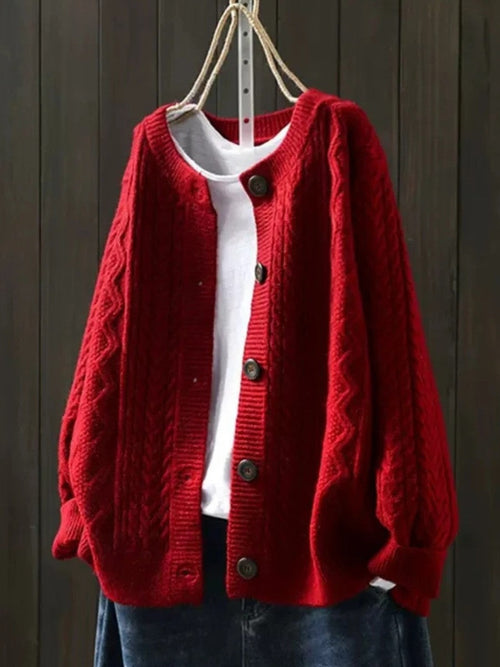 Red cable-knit button-front cardigan