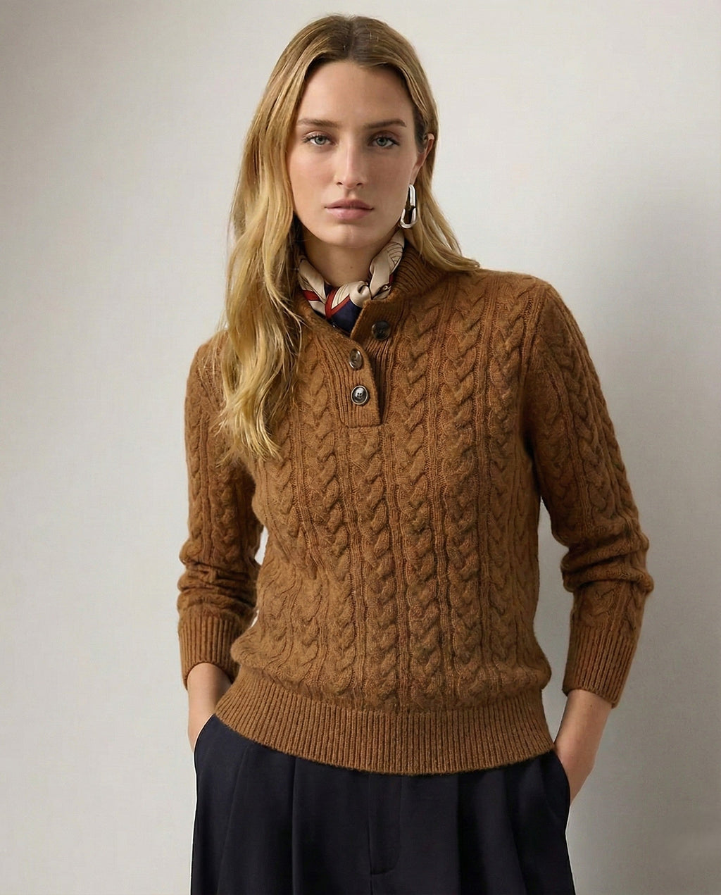 Cable knit merino button-neck jumper