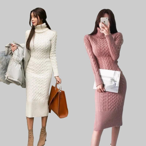 Cable-knit roll neck midi dress
