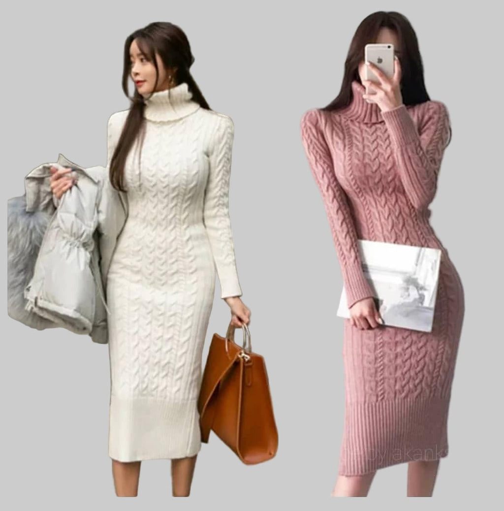 Cable-knit roll neck midi dress