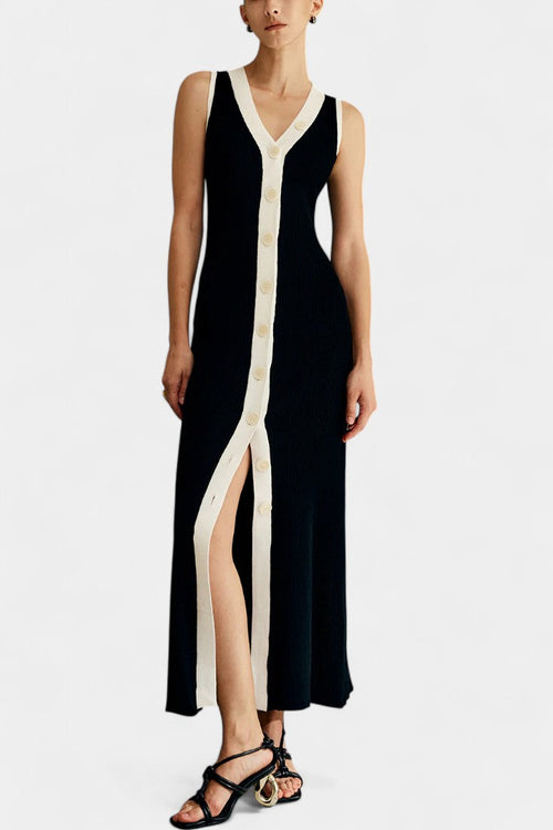 Contrast-button v-neck knit maxi dress