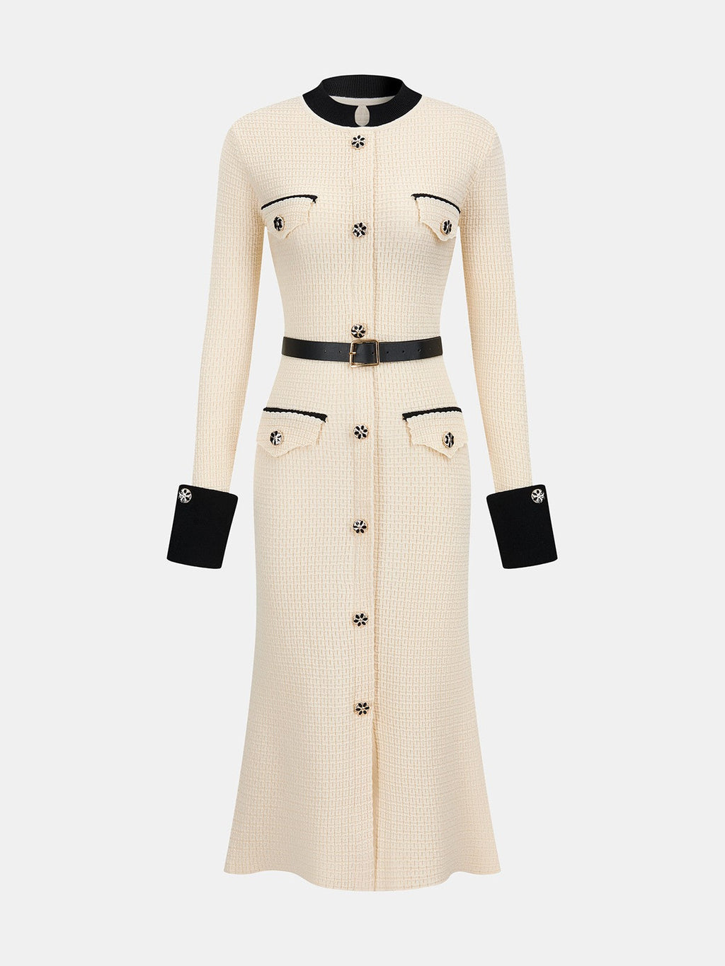 Apricot contrast-trim button-front knit midi dress