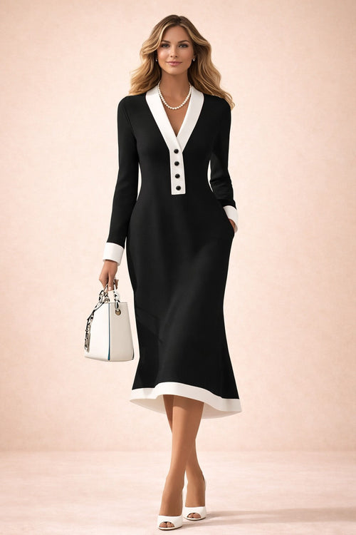 Contrast trim v-neck midi dress