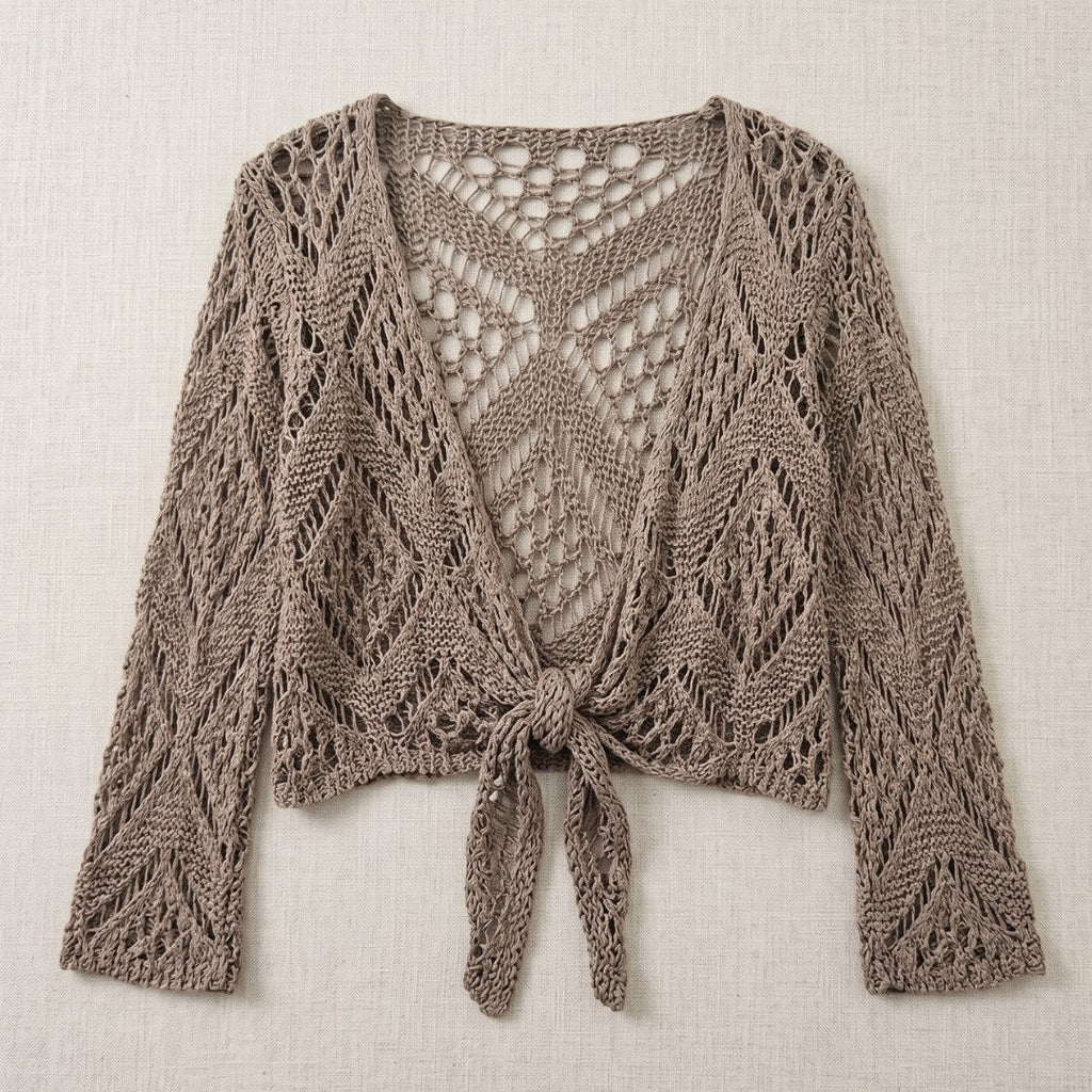 Brown crochet tie-front shrug