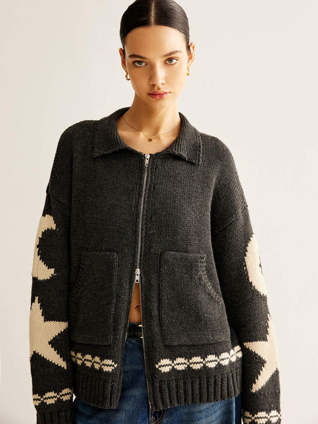 Fabienne | Star-Motif Zip-Up Cardigan