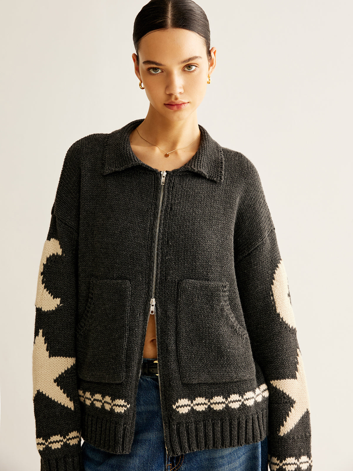 Fabienne | Star-Motif Zip-Up Cardigan
