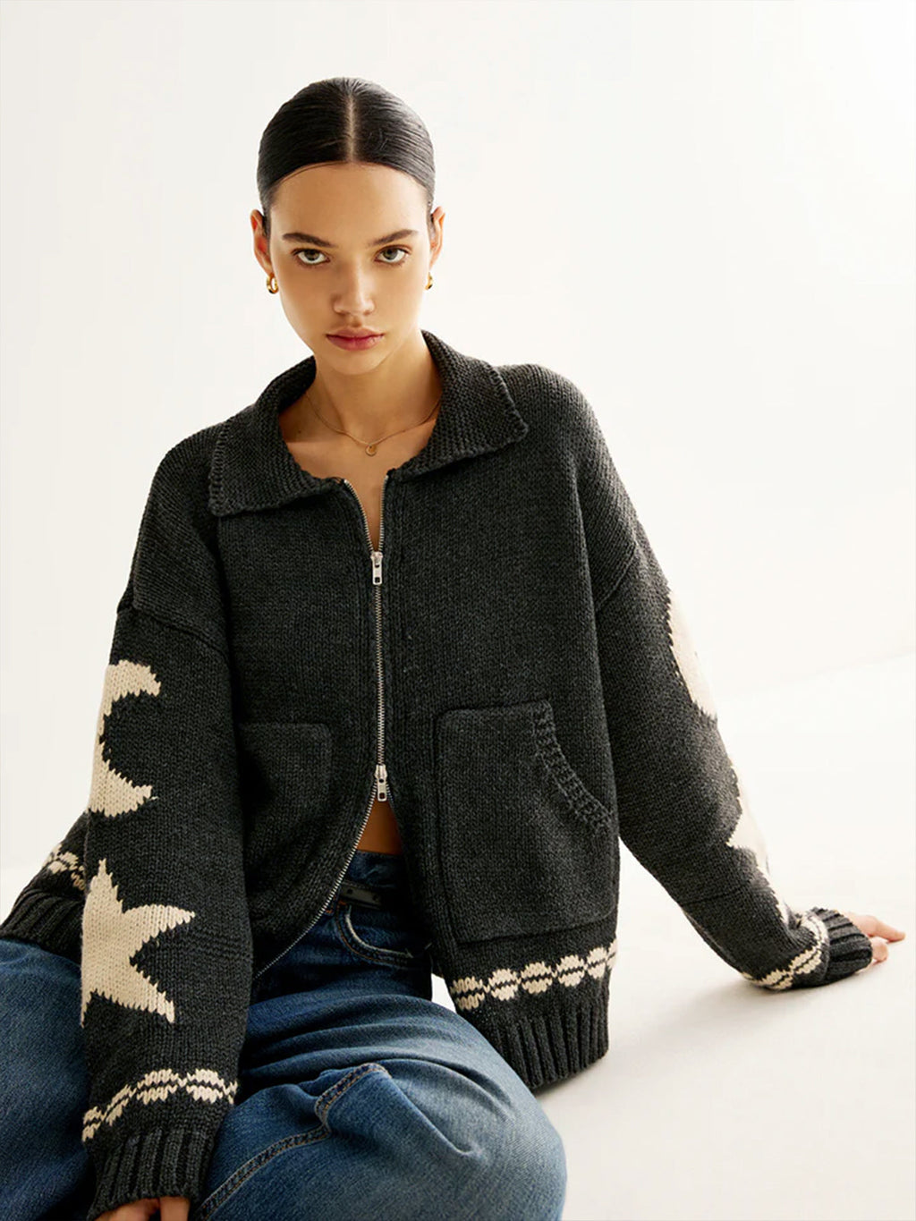 Fabienne | Star-Motif Zip-Up Cardigan