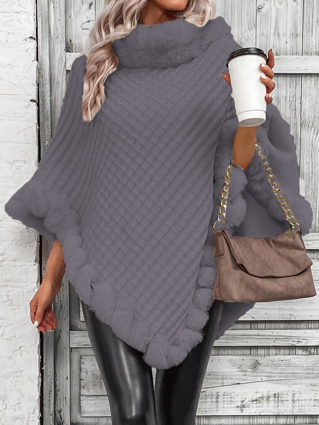 Faux-fur trim knit poncho