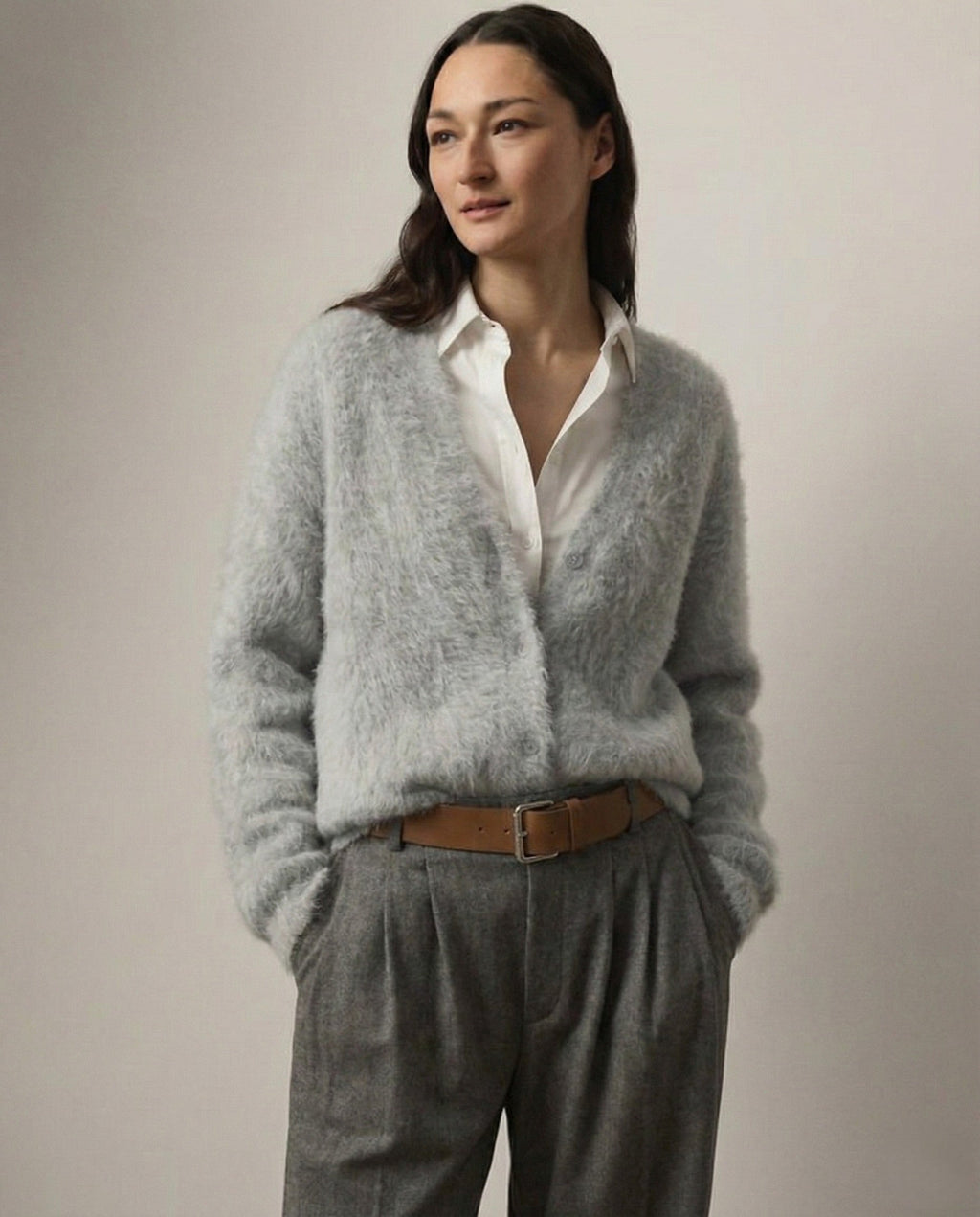 Fluffy v-neck button cardigan