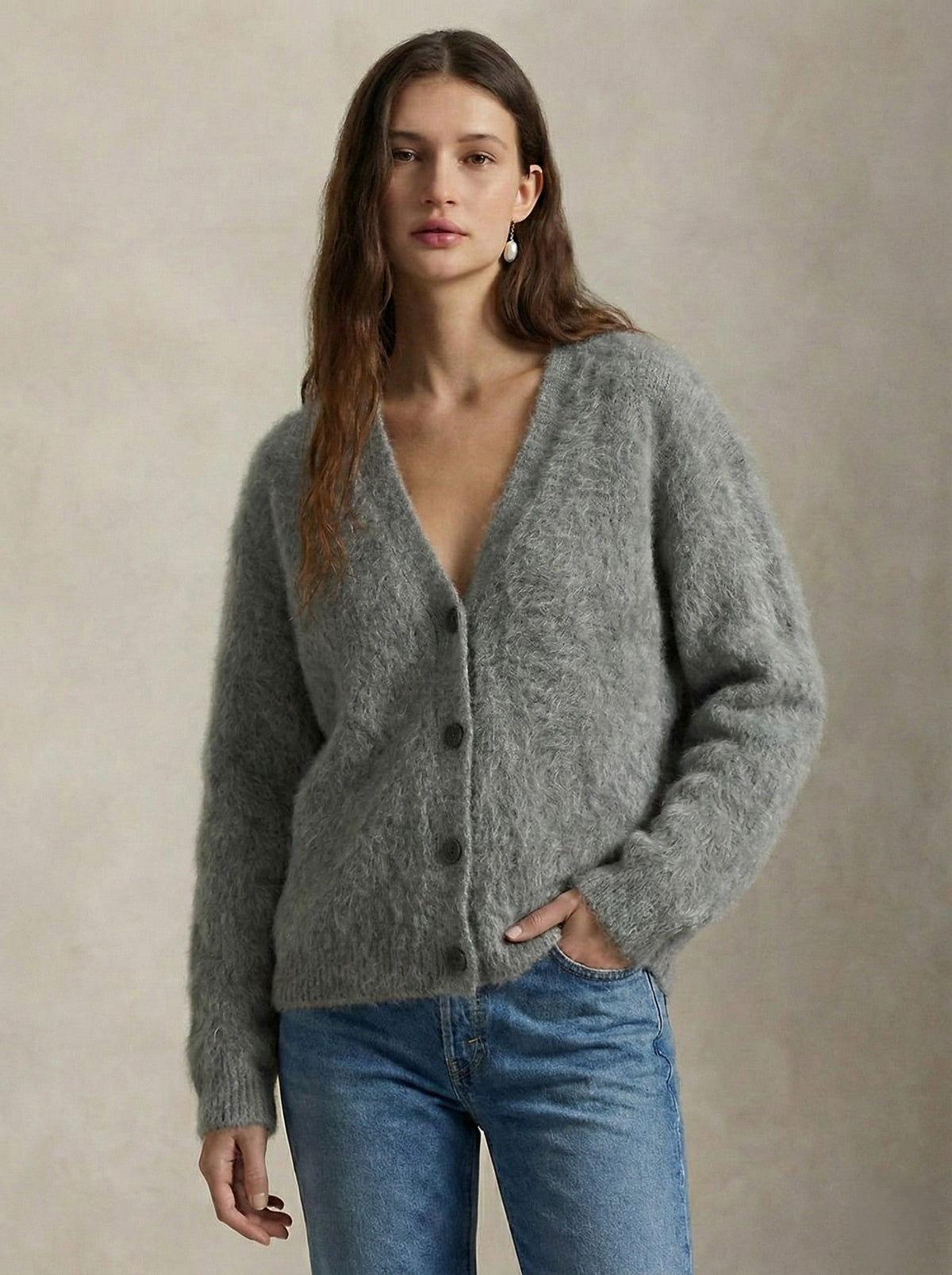 Fluffy v-neck button cardigan