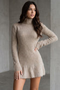 Fuzzy roll neck knit mini dress