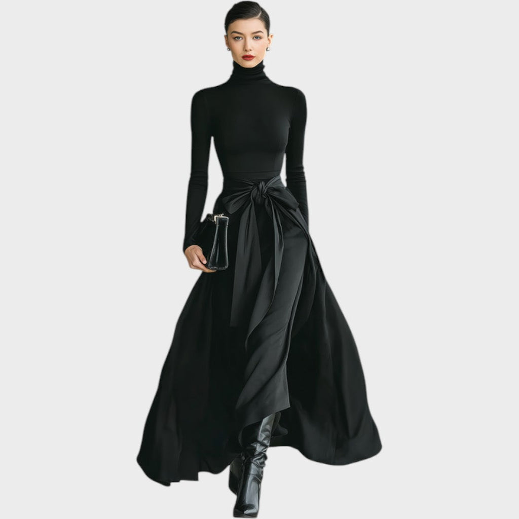 High-neck knit and satin maxi dress