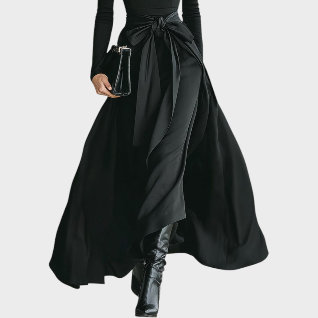 High-neck knit and satin maxi dress