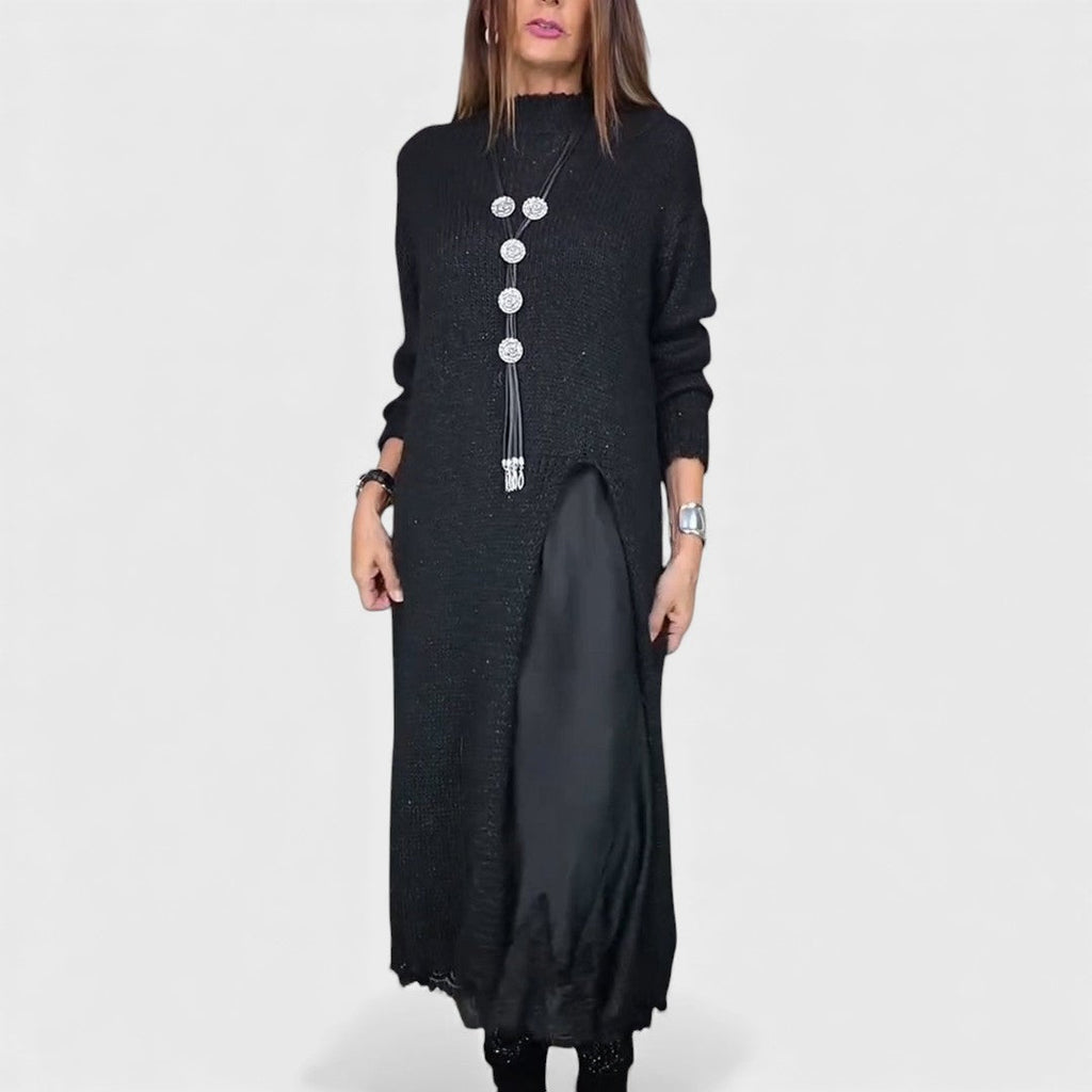 Black high-neck split-front knit maxi dress
