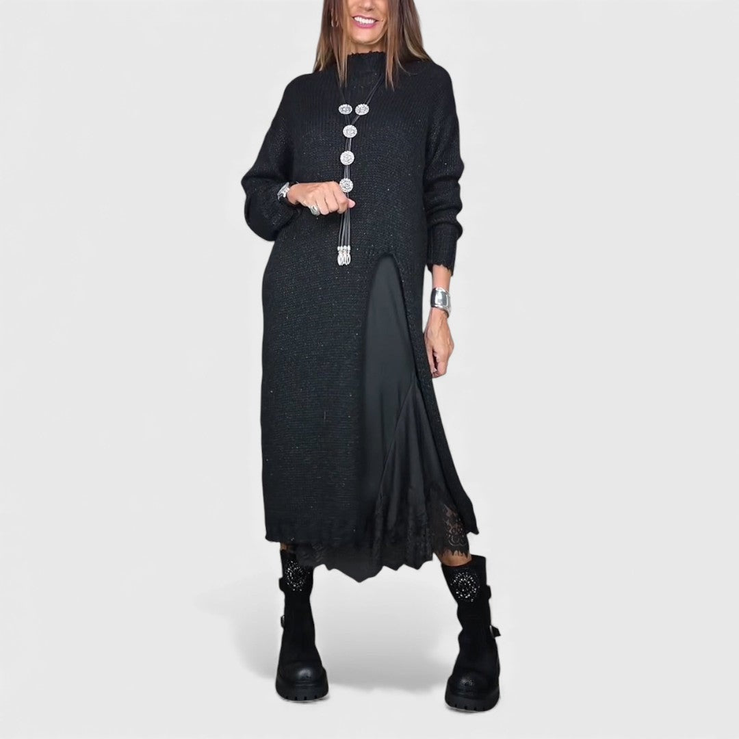 High-neck split-front knit maxi dress