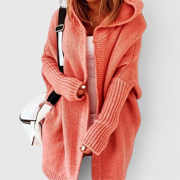 Orange hooded open-front cardigan