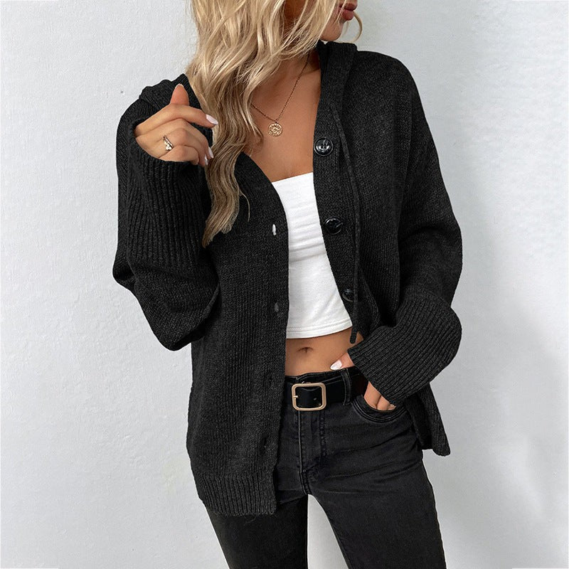 Black hooded ribbed button cardigan