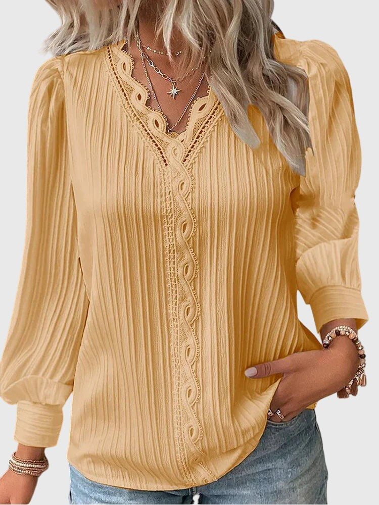 Yellow lace-trim pullover blouse