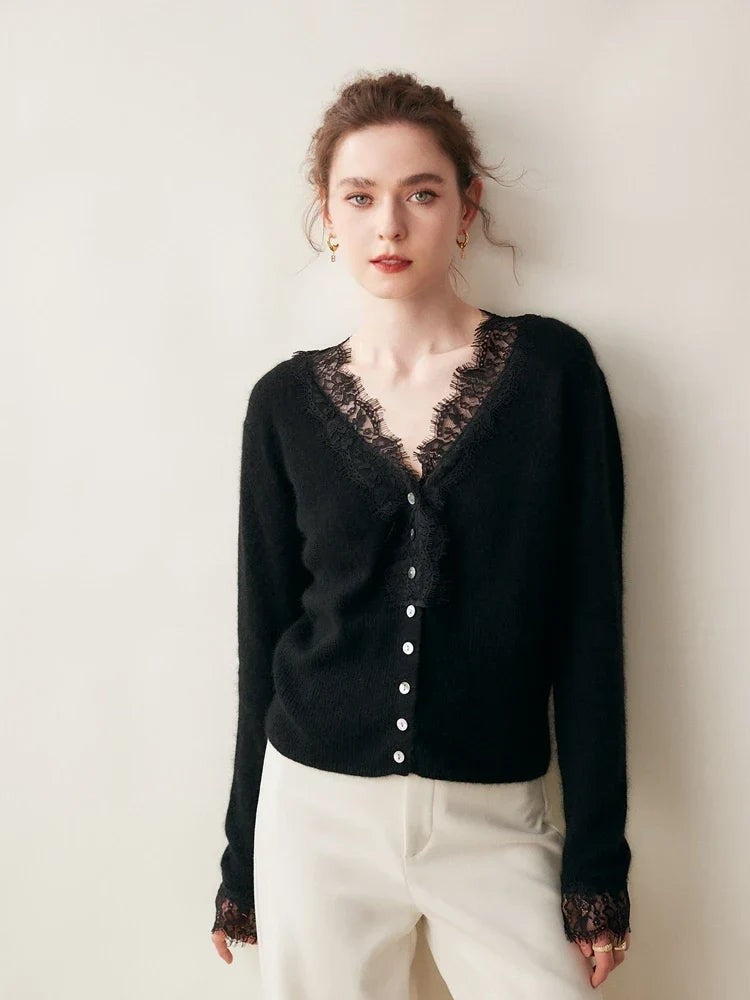 Lace-trim v-neck cardigan