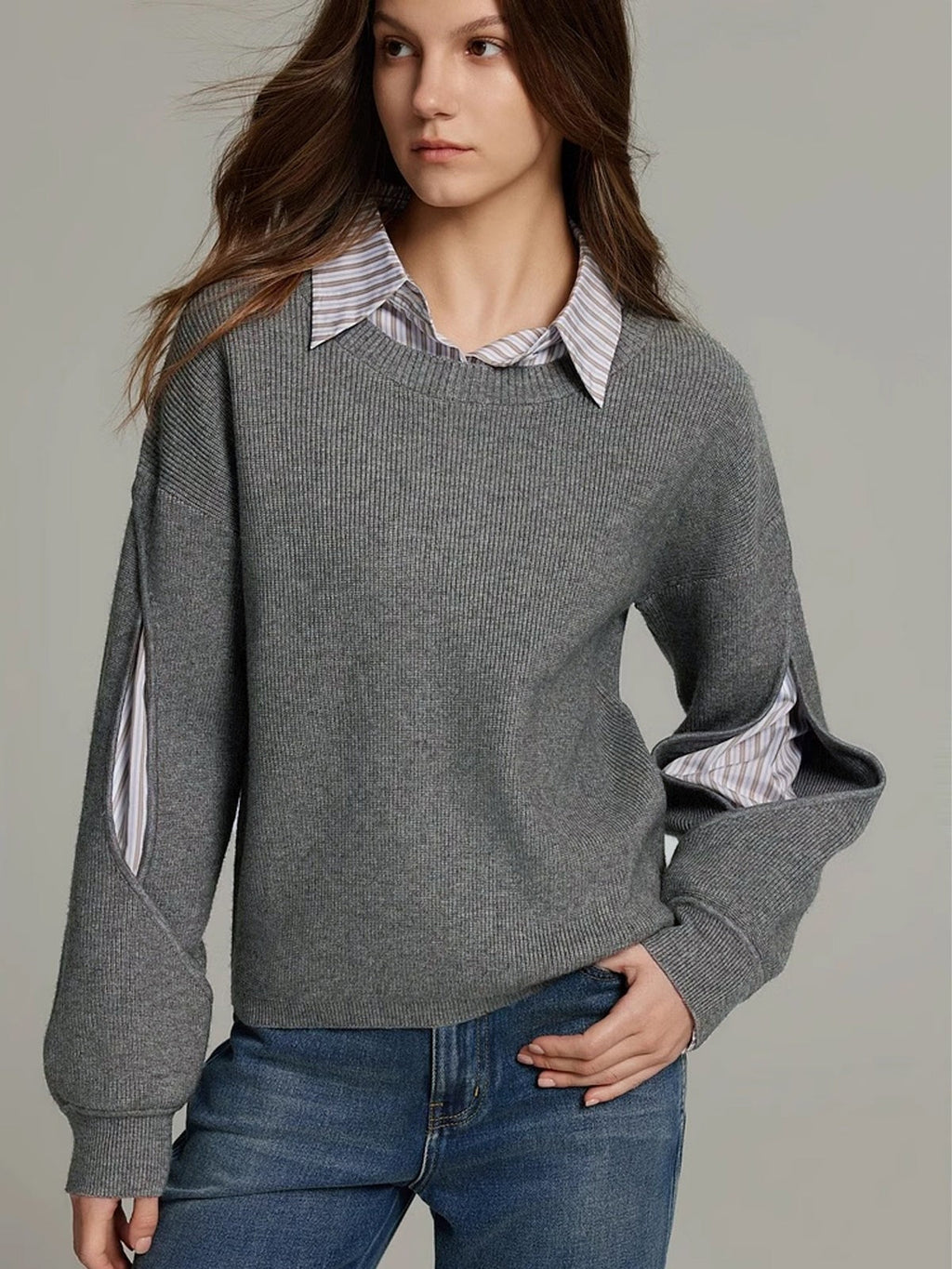 Layered shirt crew neck jumper