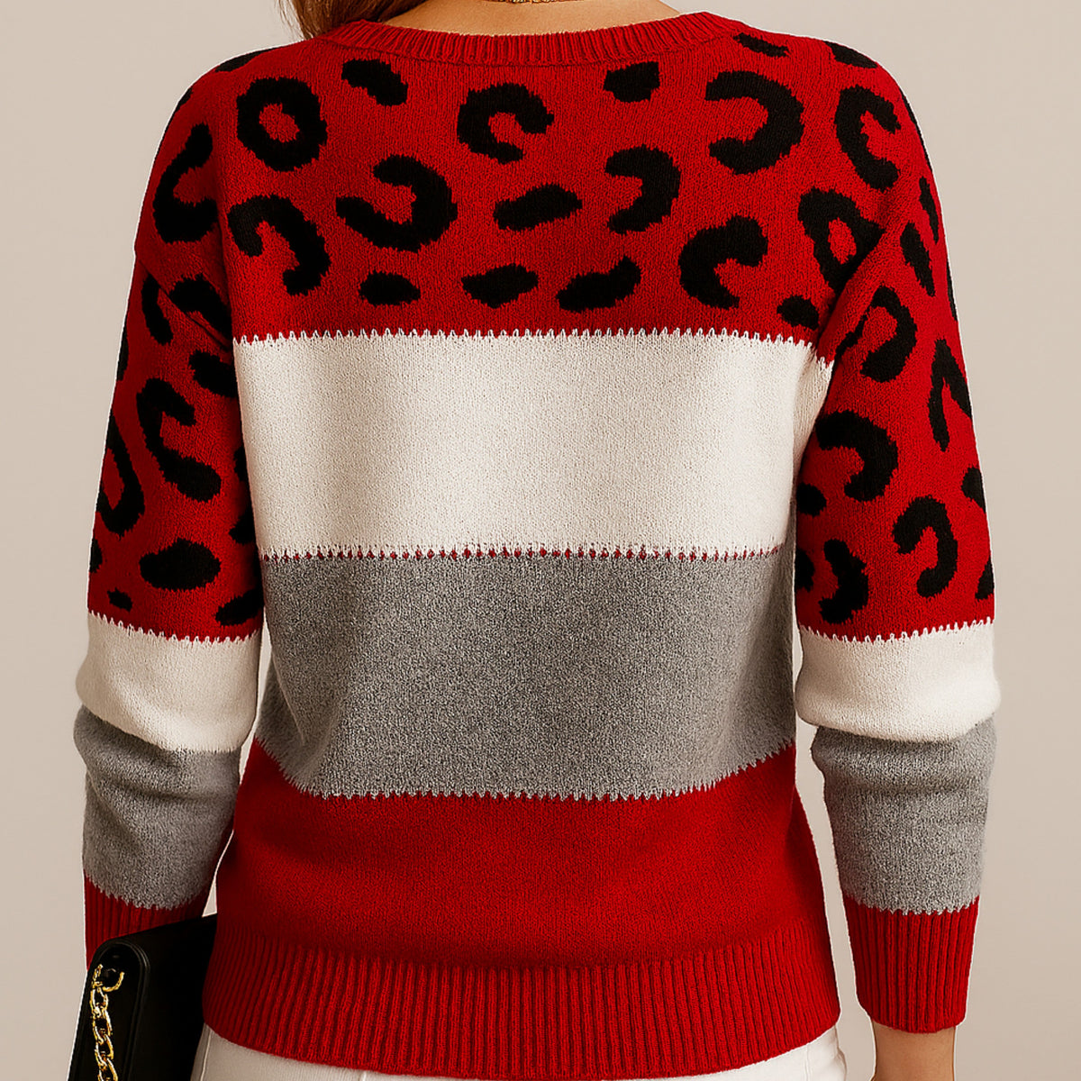 Red leopard colourblock knit jumper
