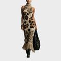 Brown leopard print knit maxi dress