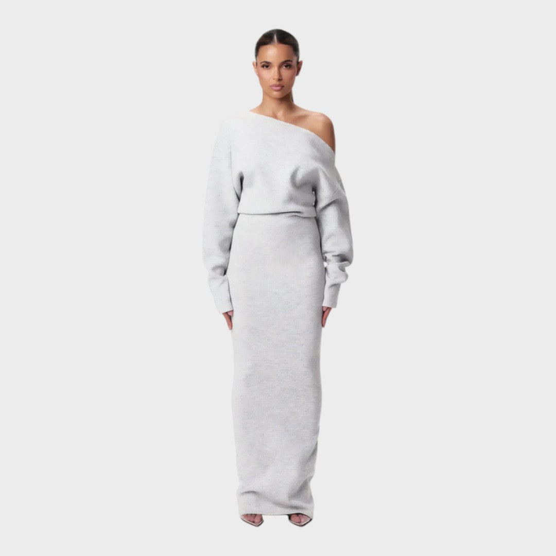 Grey off-shoulder knit maxi dress