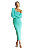 Blue one-shoulder mohair knit maxi dress